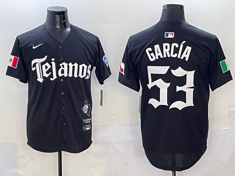 Men Texas Rangers #53 Garcia Black Five generations Joint Name 2025 Nike MLB Jersey style 1